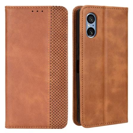 SKALO Sony Xperia 5 V Kohokuvioitu Premium lompakkokotelo - Rusk Brown