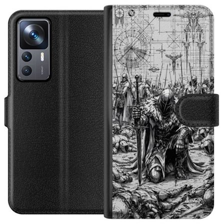 Xiaomi 12T Pro Plånboksfodral Medeltida riddare krigare slagfält svartvit episk armé svärd mörk fantasi rustning detaljerad illustration medeltid