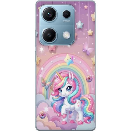 Kompatibel Mobilcover til Xiaomi Redmi Note 14S Magisk enhjørning med regnbue manke, stjerner og sommerfugle mod en pastelfarvet himmel med skyer