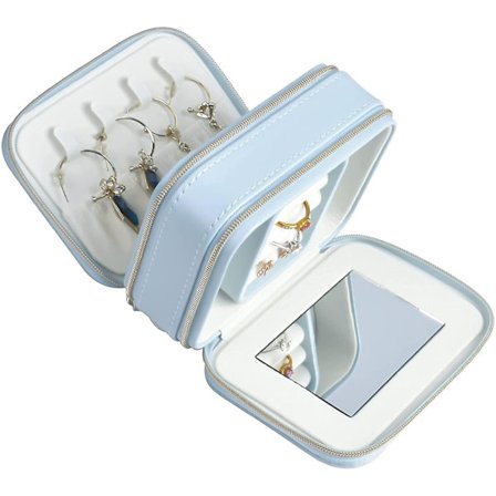 Lille Smykkeæske, Smykkeæske Med Spejl, Mini 2-lags PU Rejse Smykkeæske, Bærbar Smykkeorganisator Til Kvinder Piger (blå)