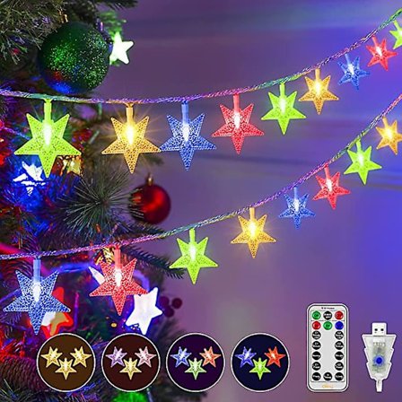 Julelys Udendørs Vandtæt, 2Modes 6.5m 30LED Stjernelyskæde - USB Farveskiftende, Fjernbetjening til Juletræ Soveværelse Camping Klasseværelse Terrasse