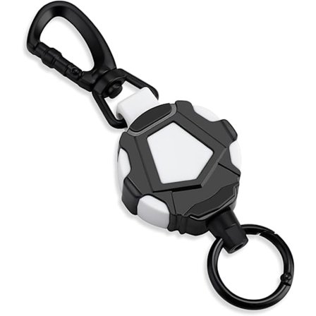 Uttrekkbar nøkkelring, kraftig karabinkrok, merkeholder med stålwiretau, uttrekkbar snor (svart hvit)