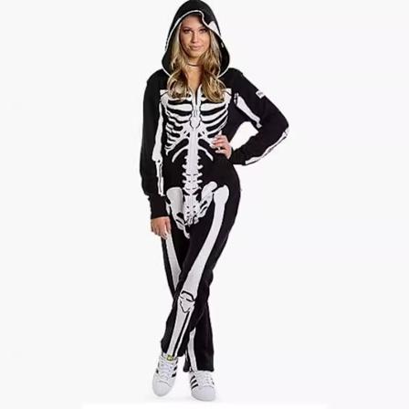 (Størrelse M) 1 Halloween Skelet Kostume til Kvinder, Komfortabel Nem Voksen Onesie, For- og Bagside Trykt