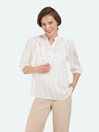 BRANDTEX - 3/4 Ærmet Bluse - Råhvid - Flæse Detalje