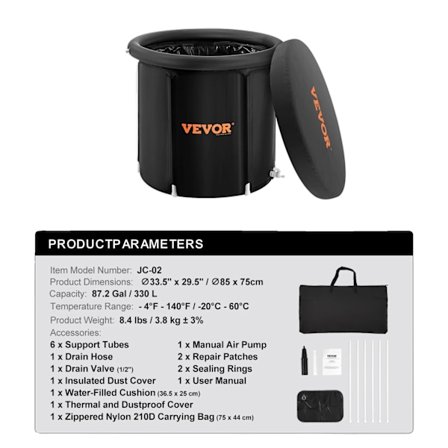 Bärbar isbadkar, 76,6 gallons kapacitet, temperaturintervall -4°F till 140°F,75x85