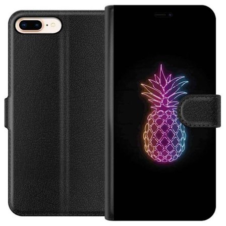 Yhteensopiva Lompakkokotelo Apple Apple iPhone 7 Plus Neonkuvitus ananaksesta värikkäässä valossa mustaa taustaa vasten