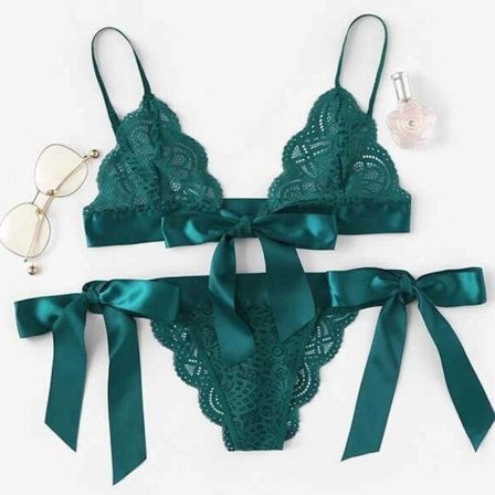 Sexigt underklädesset för damer Nattlinne BH Trosa Rosett Underkläder Mörkgrön L