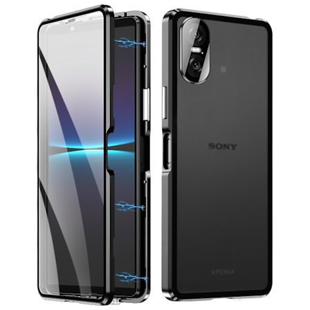 Til Sony Xperia 10 VI Hærdet Glas Cover Metal Ramme Klar PC Bagside Magnetisk Telefon Cover - Sort