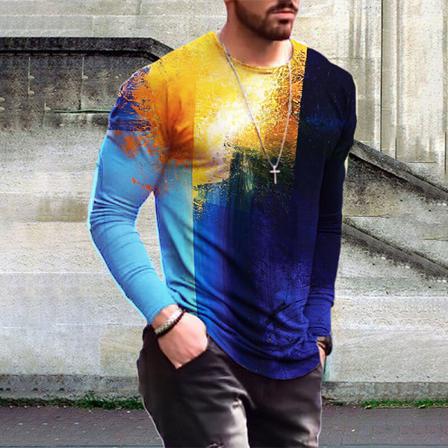 Män Långärmad Basic Tee Tie Dye Crew Neck Color Block Tops