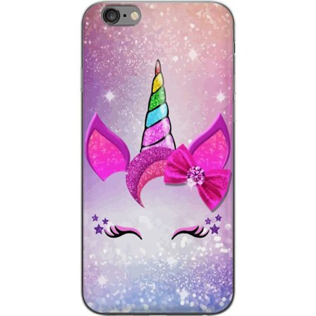 Kompatibelt Mobilskal till Apple Apple iPhone 6 Plus Minimalistiskt enhörningsansikte med regnbågshorn, rosa bakgrund, glitterdetaljer och stilren d