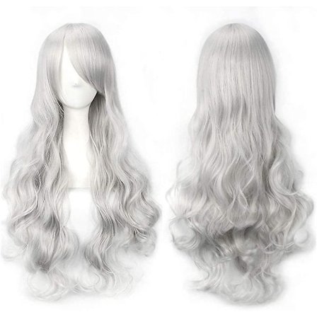 28" Lang Sølv Hvid Bølget Krøllet Pastel Fuld Hår Parykker Til Acsergery Kvinder Piger Lys Grå Kostume Gave