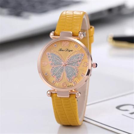 Fjäril Diamond Dial Design Kvinnor Kvarts Klockor Mode Casual Damer Armbandsur Enkel Kvinna Läder Klocka Montre Feme yellow