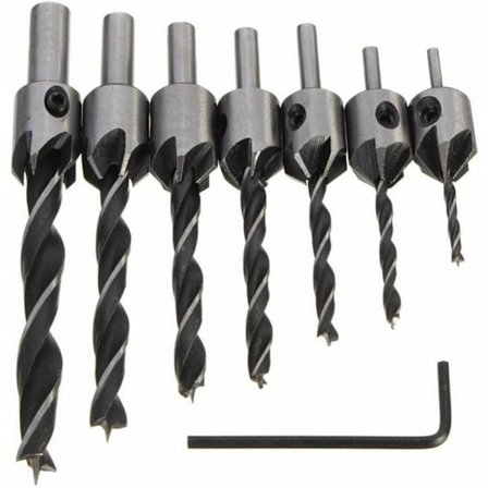 7 stk. HSS 5 Fræser Bor Træ Affasning 3-10mm Nøgle Sølvgrå