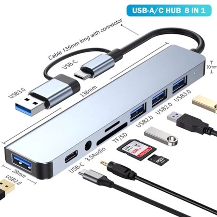 8-i-1-port USB A Type C Hub Koncentrator Dockingstation 3.0