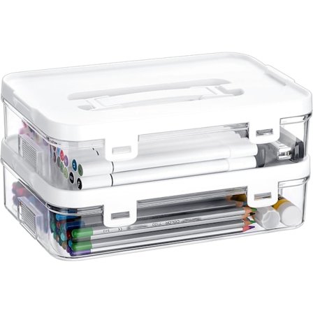 Genomskinlig förvaringslåda med lock, mångsidig förvaringsbehållare i plast för konst och hantverk, stapelbar förvaringslåda med handtag