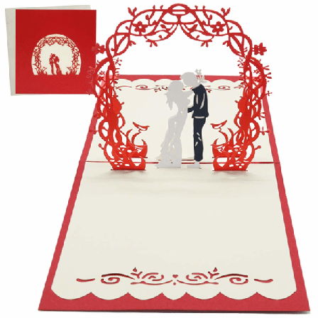 3D Pop Up-kort med kuvert för henne, honom, par, fru, man, lyxig brud och brudgum under båge, gratulationskort