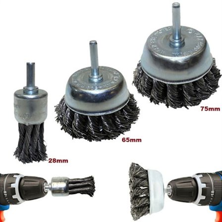 Børste sæt til boremaskine - 3 stk. - Fjernelse af rust og polering - Vridbar kulstofståltrådbørste