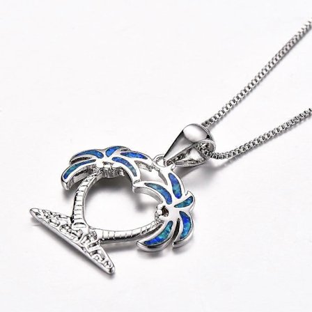 Skapad Blå Opal Hjärta Formad Palm Träd Silverpläterad Sterling Silver Hängsmycke Halsband Smycken för Kvinnor eller Tonåringar