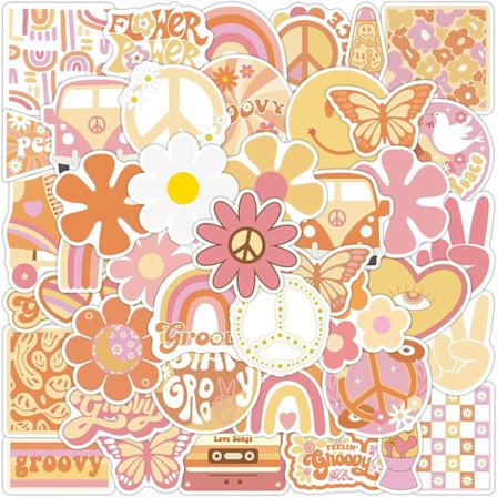 50 stk. Groovy Boho Hippie Vinyl Stickers, Vandtætte Vinyl Stickers
