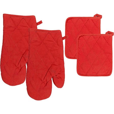 ING Sett med 4 kjøkkentilbehør 2 grytekluter 23x18 cm og 2 ovnsvotter 30 cm i rødt Varmebestandig og sklisikkert for matlaging, baking og grilling