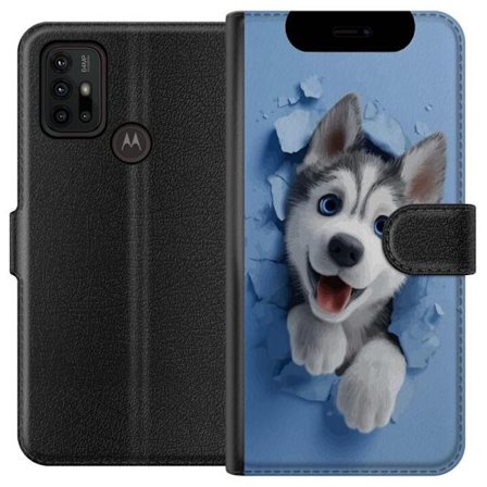 Motorola Moto G30 Lompakkokotelo Söpö husky pentu, jolla on suuret siniset silmät, jotka kurkistavat rikkinäisen seinän läpi pehmeässä 3D-tyyl