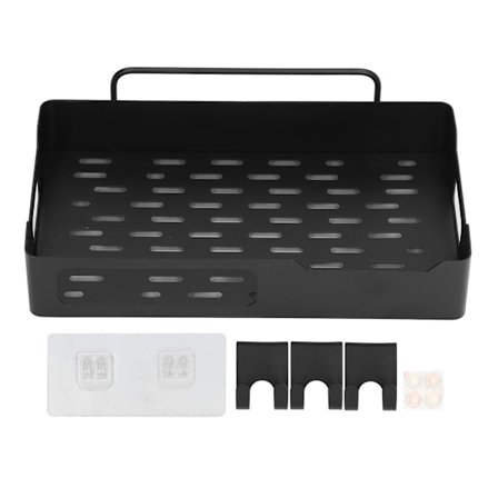 Veggmontert oppbevaringshylle rustfritt stål mesh base med 3 kroker for kjøkken og bad svart