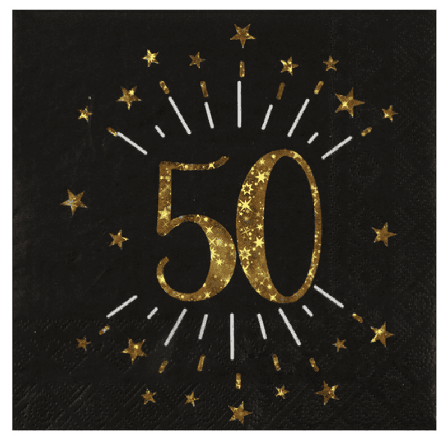 Servietter Svart & Gull 50 år, 10-pakke