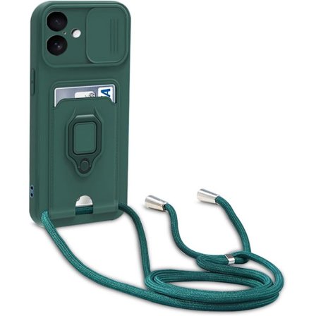 Mobilskal Kompatibelt med iPhone 17 Halsband Snodd Silikonskal, med Kameraskydd Slider, Vridbart Ställ med Kortfack Halsband