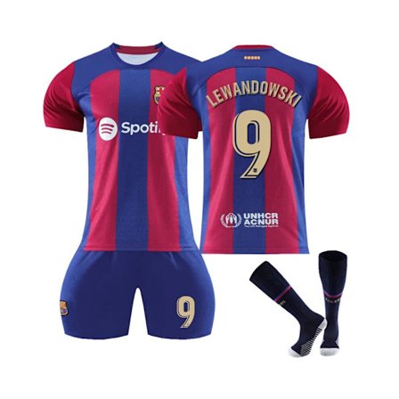 2023/24 Barcelona Home #9 Lewandowski fotballdraktsett for barn, voksne