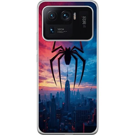 Kompatibelt Mobildeksel til Xiaomi Xiaomi Mi 11 Ultra Stilisert edderkopp over bysilhuett i dramatisk solnedgang, grafisk fantasyillustrasjon med ster