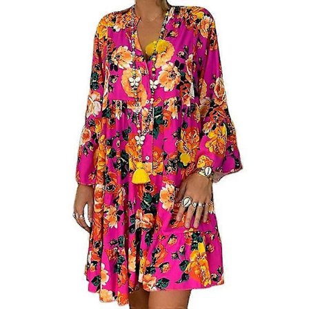 Sommarklänning Dam Ledig 3/131 Ärm Knapp V-Ringad Klänning Boho Lös Säck Strandklänning Rosaröda blommor