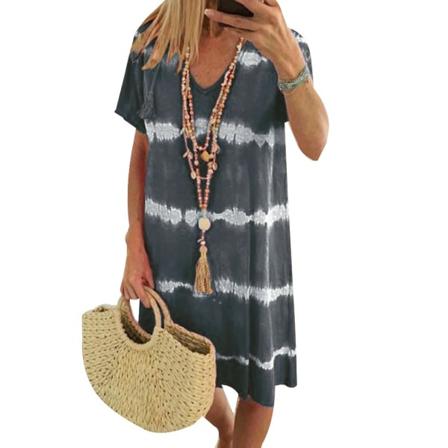 Casual Kvinnor Hem Klänning Sommar Sexig V-neck Tie Dye Flower Print