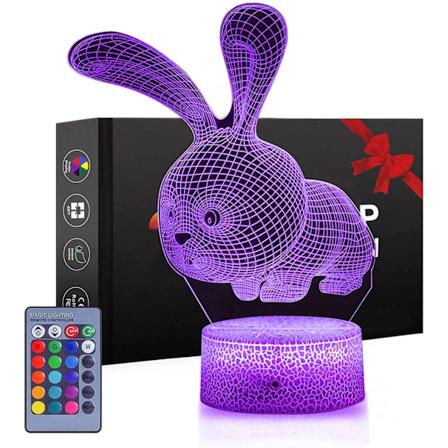 3D LED Illusion Lampe, Kanin 3D Natlampe, 16 Skiftende Farver LED Lampe med Berøringskontakt & Fjernbetjening, Dæmpbar, 3D Lys med