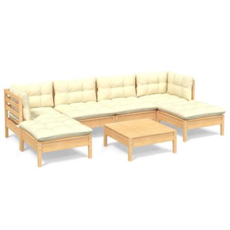 Vidaxl Loungegrupp Med Gräddvita Dynor 7 Delar Massiv Furu Creme