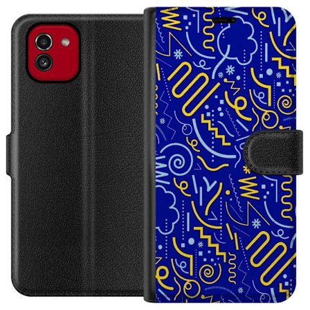Kompatibel Tegnebogsetui til Samsung Galaxy A03 Abstrakt grafisk mønster med linjer, former og symboler i gul og lyseblå