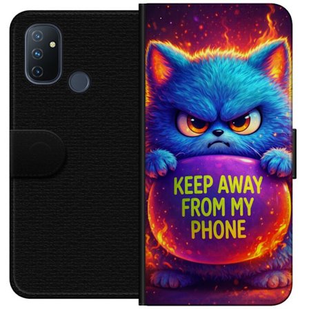 Kompatibelt Lommeboketui til OnePlus OnePlus Nord N100 Sinna lodne blå katt med teksten "Hold deg unna telefonen min" i neonfarger og ildlignende eff