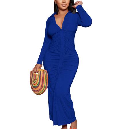 Kvinnor Veckad V-ringad Maxiklänningar Långärmad Enfärgad Klänning