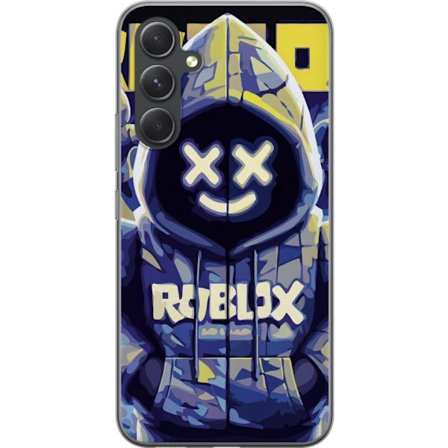 Kompatibelt Mobildeksel til Samsung Samsung Galaxy A55 Blågul Roblox hettegenserfigur med minimalistisk neonstil og masket ansikt, moderne spillillus