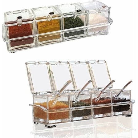 BecomeRich gennemsigtig akryl krydderiglas med låg og ske til krydderier, salt, sukker og krydderier
