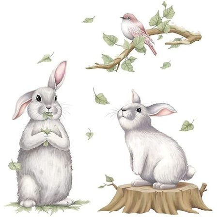 Vægmærkat 2 kaniner og fugl på træet, skræl og klæb vægmærkater til børneværelse, børneværelse, legerum, vægdekoration, vægkunst