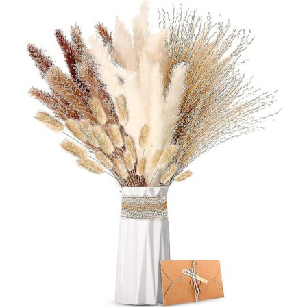 Sett med 41 naturlige tørkede blomster, brune, hvite pampasgress, fluffy bryllup, Lagurus og siv tørkede blomsterbukett for blomsteroppsatser 