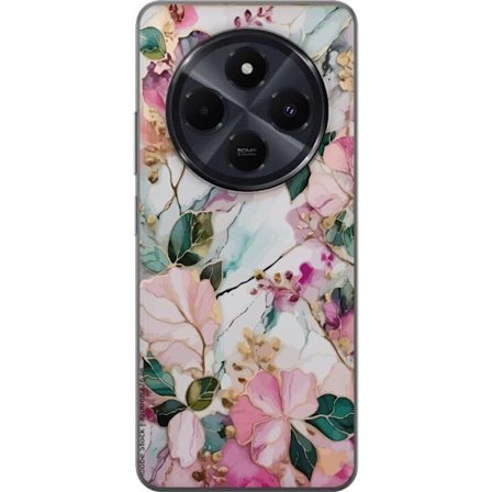 Kompatibel Mobilcover til Xiaomi Redmi A4 Abstrakt marmormønster med blomster, blade og gyldne detaljer i bløde pastelfarver