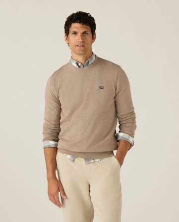 Lexington Strikket bomuldssweater med rund hals, lysebeige meleret