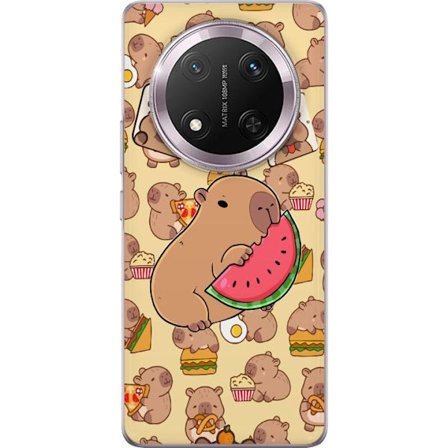 Kompatibelt Mobildeksel til Honor Honor Magic7 Lite Søte capybarer nyter vannmelonpizza og popcorn i en varm og leken design som sprer glede og kosel