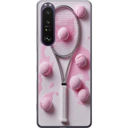 Kompatibelt Mobilskal till Sony Sony Xperia 1 III Rosa glasskulor och tennisrack i en kreativ stillbild med lekfull popkänsla och modern design som s