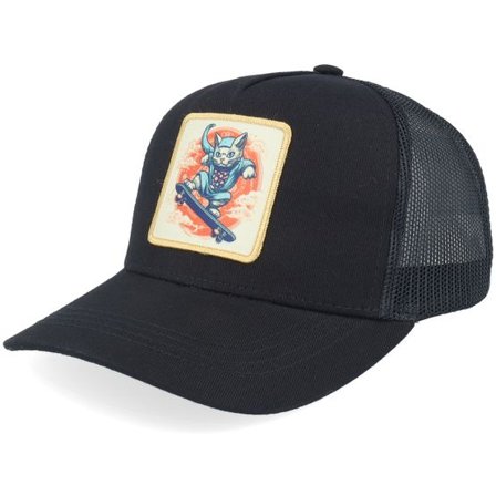 Kiddo Cap - Svart trucker Keps - Kids Skater Cat Patch Black Trucker @ Hatstore