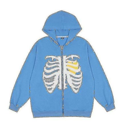 Skeleton Pattern Drop Shoulder Zip Up Hoodie för Shein S-2xl V Blue