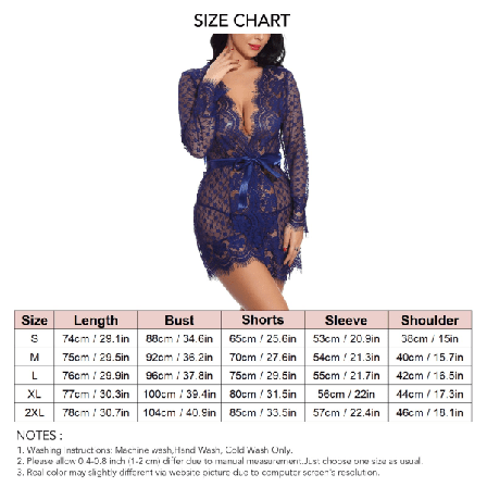 Kvinnors spetsnattlinne set genomskinlig V-ringad underkläder trosa öppen framtill ytterkläder med bälte purpurblå XXL