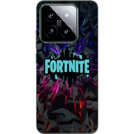 Kompatibelt Mobilskal till Xiaomi 14 Fortnite logga - Svart bakgrund med blå neon och färgade ljus