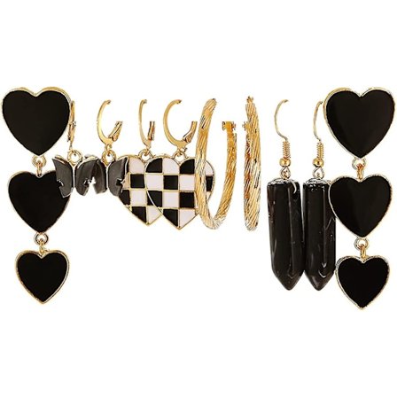 Sorte øreringe sæt til kvinder mænd sorte hjerte øreringe C-formede øreringe sommerfugl øreringe sort og hvidt skakbræt øreringe retro akryl øreringe
